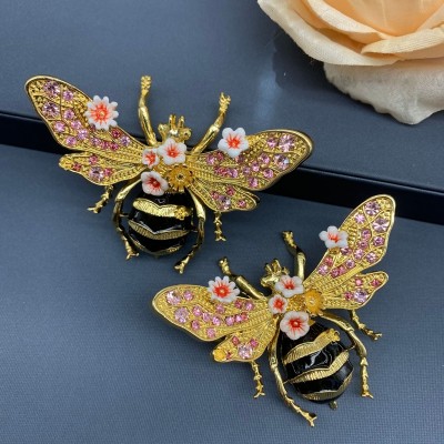 ES9881 Enamel Dripping Glaze Inlaid Diamond Retro Bee Style Brooch Earstuds
