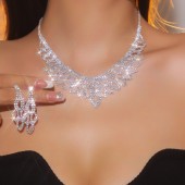 JS9753 Hot selling luxury sparkling full diamond necklace earrings two-piece set for brides to match wedding jewelry