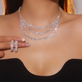 JS9754 Luxurious sparkling full diamond necklace earrings two-piece set, high-end three-layer necklace