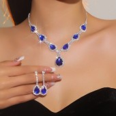 JS9759 Hot selling Sparkling Full Diamond Water Drop Necklace Earrings Two Piece Set Bridal Jewelry