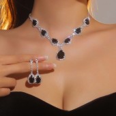 JS9759 Hot selling Sparkling Full Diamond Water Drop Necklace Earrings Two Piece Set Bridal Jewelry