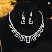 JS9762 Luxury Sparkling Full Diamond Necklace Earrings Two Piece Wedding Jewelry Set