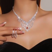 JS9768 Geometric hollow out super sparkling rhinestone earrings necklace two-piece set bride wedding accessories