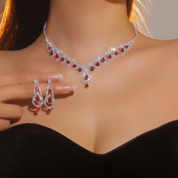 JS9771 Luxurious Sparkling Diamond studded Red Necklace Earring Set for Bridal Wedding Accessories