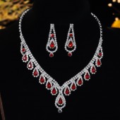 JS9771 Luxurious Sparkling Diamond studded Red Necklace Earring Set for Bridal Wedding Accessories