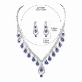 JS9772 Sparkling Diamond Set Blue Necklace Earring Set Bridal Wedding Jewelry