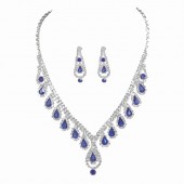 JS9772 Sparkling Diamond Set Blue Necklace Earring Set Bridal Wedding Jewelry