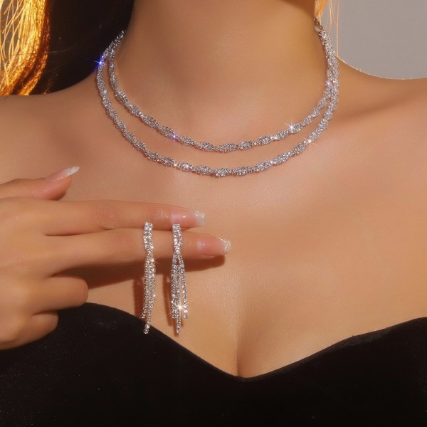 JS9776 Bridal wedding jewelry high-end luxury full diamond necklace earrings two-piece set JS9776 Bridal wedding jewelry high-end luxury full diamond necklace earrings two-piece set