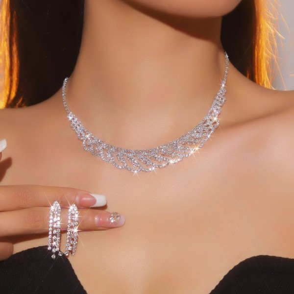 JS9778 Luxury Sparkling Diamond Necklace Earring Set Two Piece Bridal Dress Jewelry