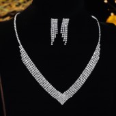 JS9781 Sparkling geometric design full diamond necklace earring set, performance accessories, wedding jewelry