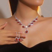 JS9783 Sparkling and stunning red waterdrop diamond necklace and earring set for brides' jewelry