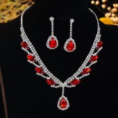 JS9783 Sparkling and stunning red waterdrop diamond necklace and earring set for brides' jewelry