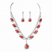 JS9783 Sparkling and stunning red waterdrop diamond necklace and earring set for brides' jewelry