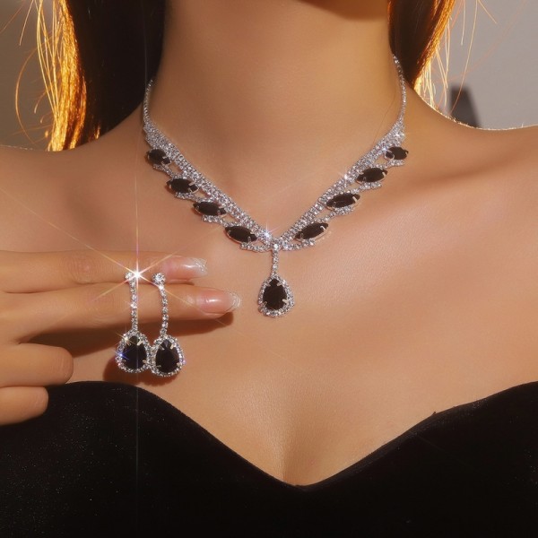 JS9784 Sparkling and stunning black waterdrop diamond necklace earring set, bridal jewelry