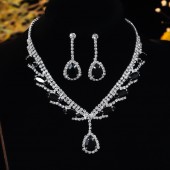 JS9784 Sparkling and stunning black waterdrop diamond necklace earring set, bridal jewelry