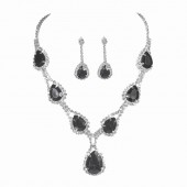 JS9785 Sparkling Diamond Black Crystal Necklace Earring Set Bridal Wedding Dress Accessories