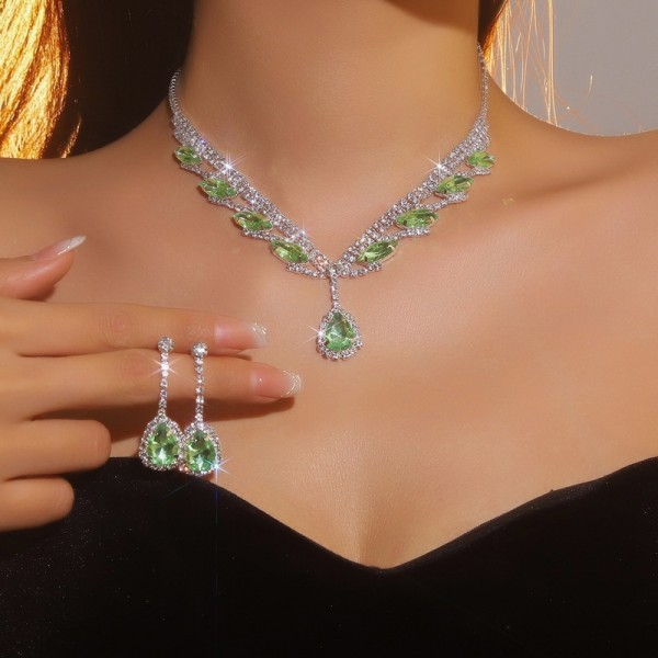 JS9786 Super Beautiful Necklace Earring Set Bridal Wedding Accessories Green Water Drop Pendant Earrings