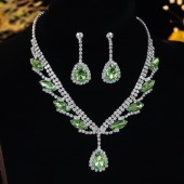 JS9786 Super Beautiful Necklace Earring Set Bridal Wedding Accessories Green Water Drop Pendant Earrings