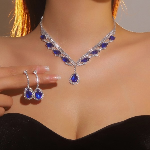 JS9789 Sparkling Diamond Super Beautiful Necklace Earring Set Bridal Jewelry Blue Water Drop Pendant