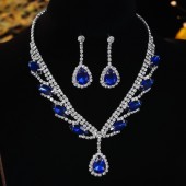 JS9789 Sparkling Diamond Super Beautiful Necklace Earring Set Bridal Jewelry Blue Water Drop Pendant