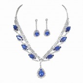 JS9789 Sparkling Diamond Super Beautiful Necklace Earring Set Bridal Jewelry Blue Water Drop Pendant