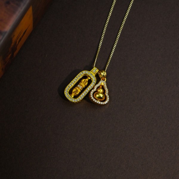 NL9811 Ancient sand gold necklace, rotatable diamond pestle, gourd, rhinestone pendant necklace