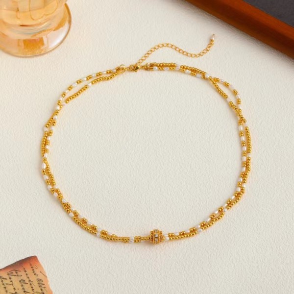 NL9837-1 French style niche temperament electroplated gold ball double-layer necklace