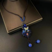 NL9847 Blue glazed butterfly enamel dyed long necklace Earrings