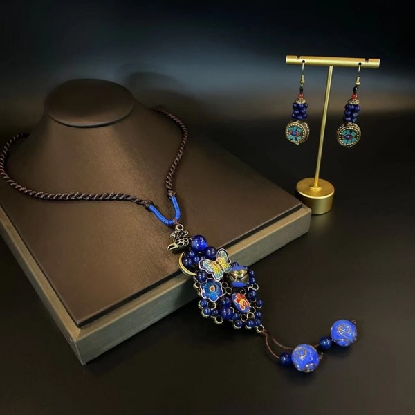 NL9847 Blue glazed butterfly enamel dyed long necklace Earrings