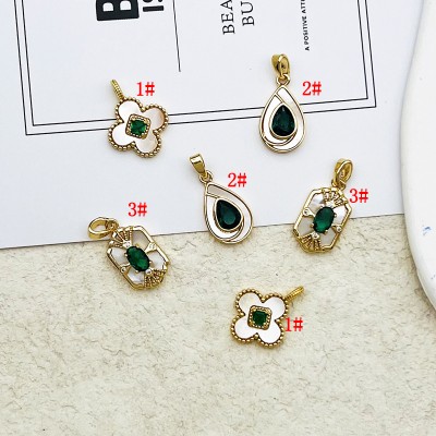 PS9741 Copper plated 18K gold natural shell+green zircon pendant pendant（2PCS）
