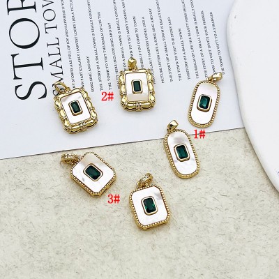 PS9743 18K genuine gold plated natural shell square micro inlaid emerald oval pendant DIY bracelet material（2PCS）
