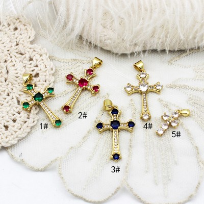 PS9757-4 DIY pendant with micro inlaid colored zircon cross necklace, color preserved and plated with 18K real gold（2PCS）