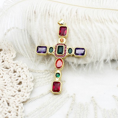 PS9757 DIY pendant with micro inlaid colored zircon cross necklace, color preserved and plated with 18K real gold（2PCS）