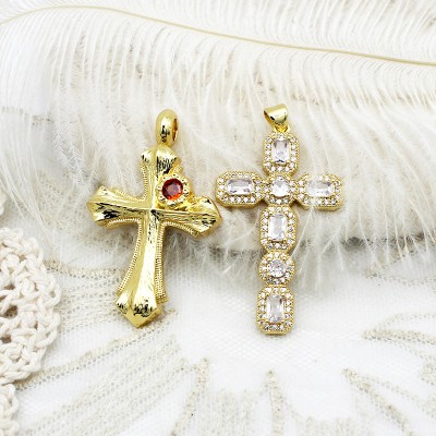 PS9757-2 DIY pendant with micro inlaid colored zircon cross necklace, color preserved and plated with 18K real gold（2PCS）