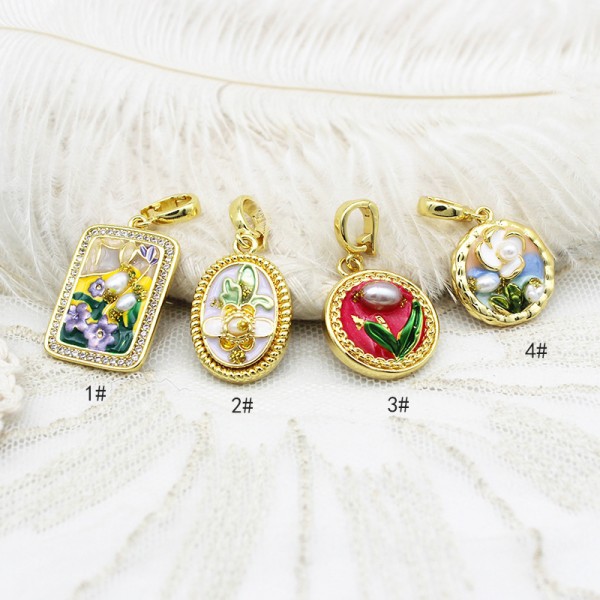 PS9761-5 Monet oil painting series necklace pendant pendant DIY accessories 18k gold electroplating（2PCS）