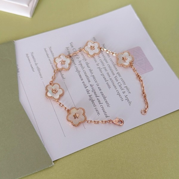 PB9891 White Mother of Pearl Plum Blossom Shaped Bracelet with White Plating