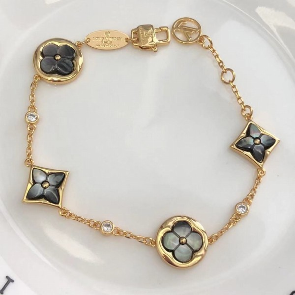 PB9926 Gold Plated Lucky Grass Black Mother of Pearl Bracelet