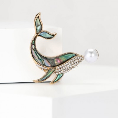 XZ80147698363217 European and American high-end fashion alloy pearl shell whale shaped brooch, personalized and cute men's and women's clothing chest flower jewelry brooch
