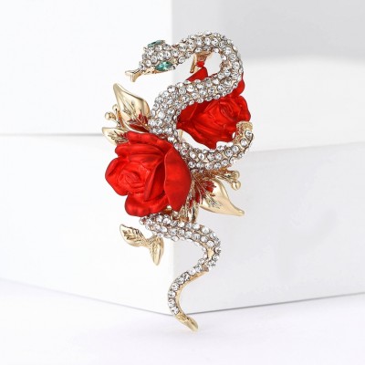 XZ82191612481215 Enamel rhinestone rose and snake brooch luxury high-end women's suit coat chest flower jewelry brooch