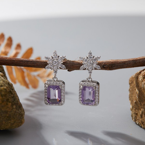 ES9926-1 Natural Amethyst Platinum S925 Pure Silver Earrings