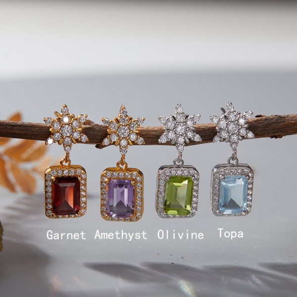 ES9926-1 S925 pure silver natural color treasure square candy style snowflake platinum color earrings do not fade jewelry ES9926-1 S925 pure silver natural color treasure square candy style snowflake platinum color earrings do not fade jewelry