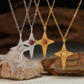 NL9929 S925 sterling silver star cross pendant set with natural gemstones, gold colored necklace