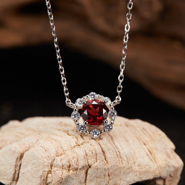 NL9942 S925 pure silver natural garnet gemstone necklace