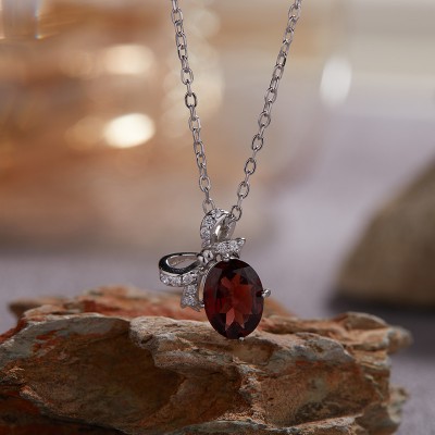 NL9949 S925 pure silver electroplated 18K gold inlaid garnet bow tie necklace