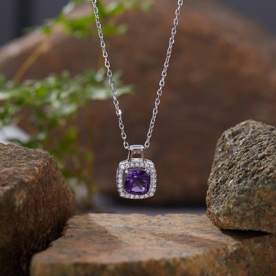 NL9950 S925 Pure Silver Amethyst Square Candy Pendant Necklace