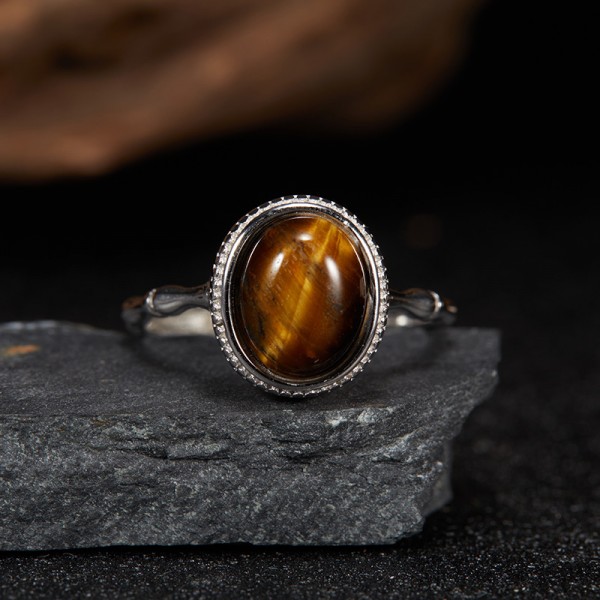 RS9938 S925 silver, natural Tiger's Eye, bamboo design women's ring