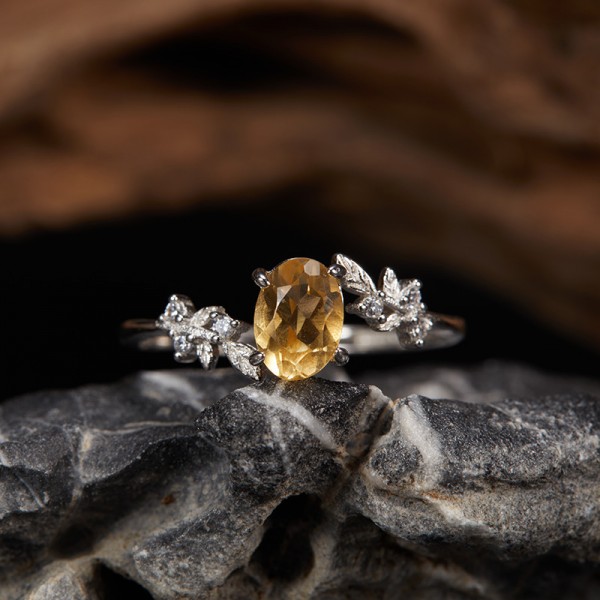 RS9939-1 S925 silver, natural Citrine, platinum tone leaf ring, adjustable RS9939-1 S925 silver, natural Citrine, platinum tone leaf ring, adjustable