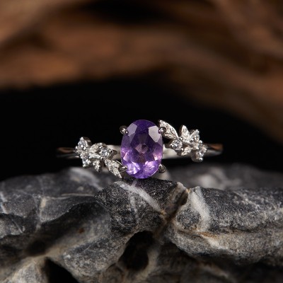 RS9939-1 S925 silver, natural Amethyst, platinum tone leaf ring, adjustable