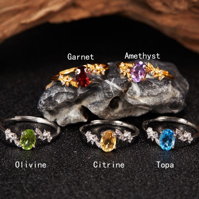 RS9939 S925 sterling silver ring with natural topaz, garnet, amethyst, citrine, and peridot gemstones, featuring a leaf design and gold tone, elegant and stylish for women