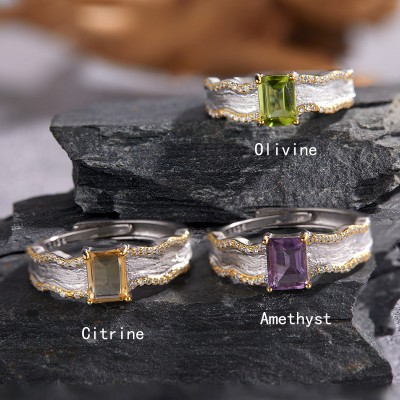 RS9941 S925 sterling silver ring with natural gemstones (peridot, amethyst, citrine), textured matte design, adjustable open-end, perfect for daily wear or gifts.